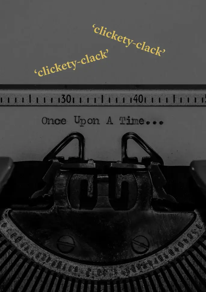Close-up of a typewriter typing “Once upon a time” symbolizing creative storytelling in brochure and report design by The Blondes